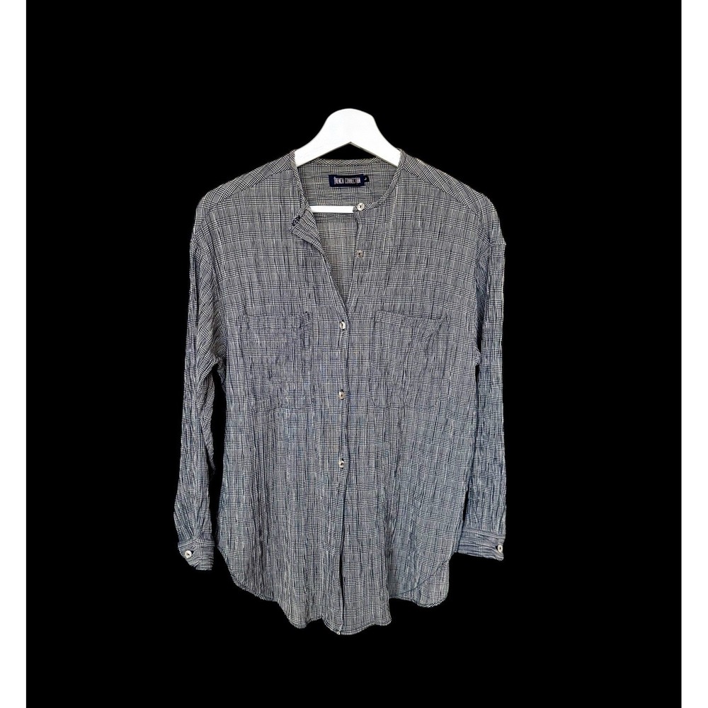 Vintageβ 70s French Connection Plaid Button Up Shirt Large Grey Mandarin Collar